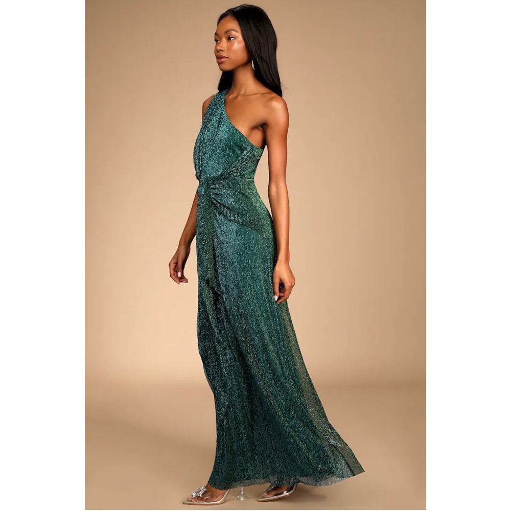 Lulus Glamorous Glitz Shiny Teal Green Metallic One Shoulder Maxi Dress Medium